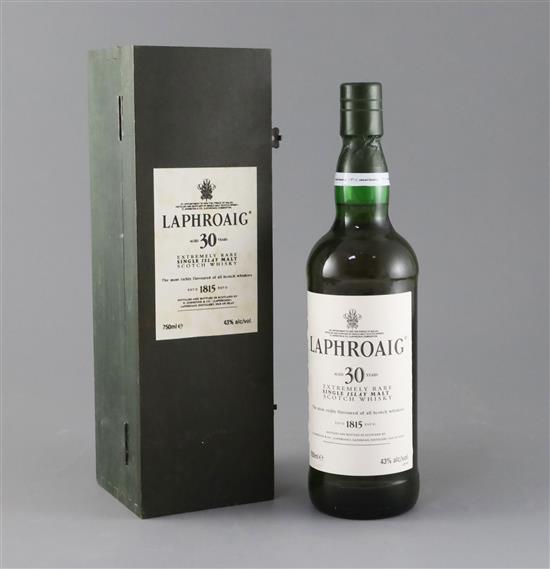 A bottle of Laphroiag 30 year old single Islay malt whisky, in presentation case